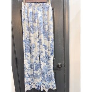 Blue White Toile Wide Leg Pajama Pants Women Small Elastic Waist Coastal Cottage
